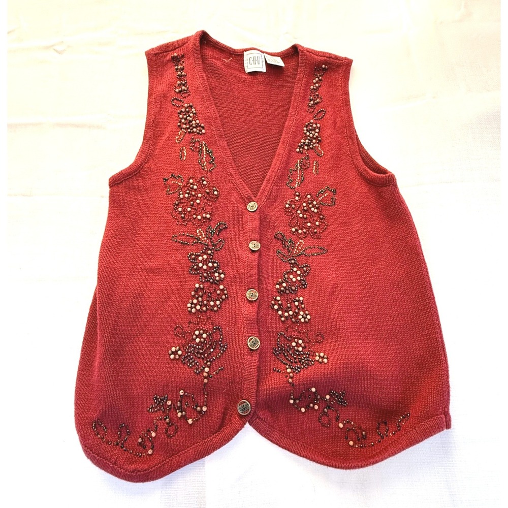 Vintage 90s CHU Beaded Sweater Vest Small Ramie Cotton Red Grandma Core